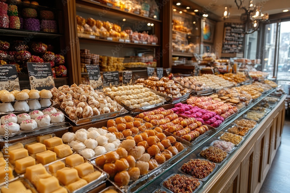 Colorful turkish delight displaying on shelves in spice bazaar, istanbul