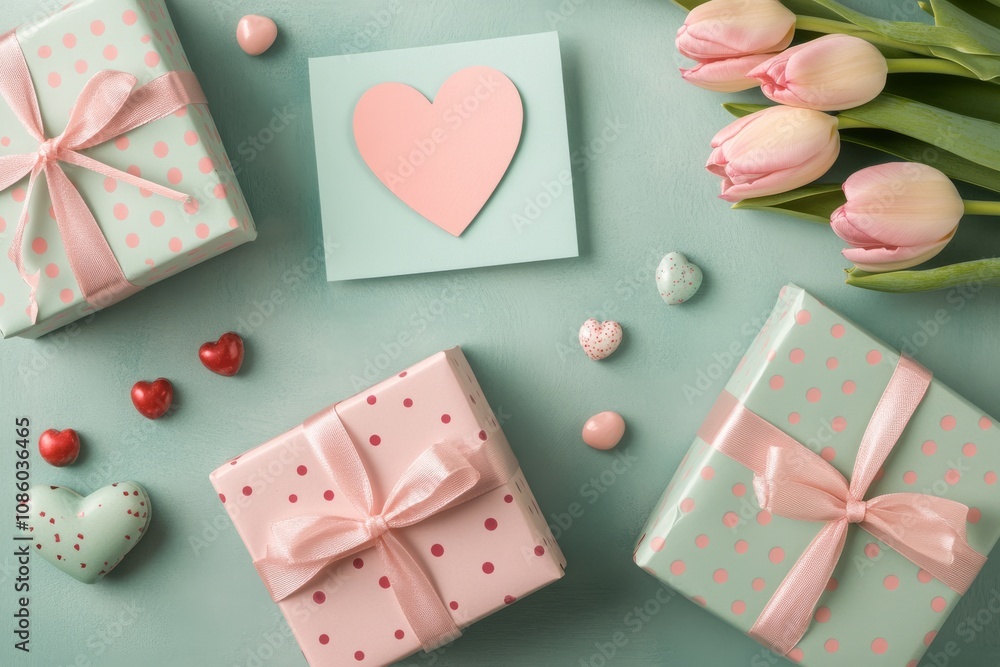 Colorful gift boxes with polka dots and tulips on a pastel background for a special occasion Colorful gift boxes with polka dots and tulips on a pastel background for a special occasion