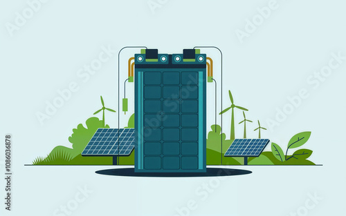 Visually striking illustration of an electric battery storage system integrated with renewable energy sources like solar panels and wind turbines