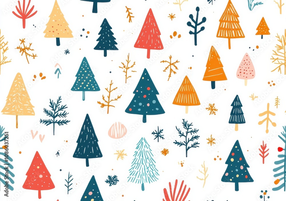 Colorful cute Christmas tree pattern with simple and whimsical designs featuring stars, snowflakes, and festive holiday elements Colorful cute Christmas tree pattern with simple and whimsical designs featuring stars, snowflakes, and festive holiday elements