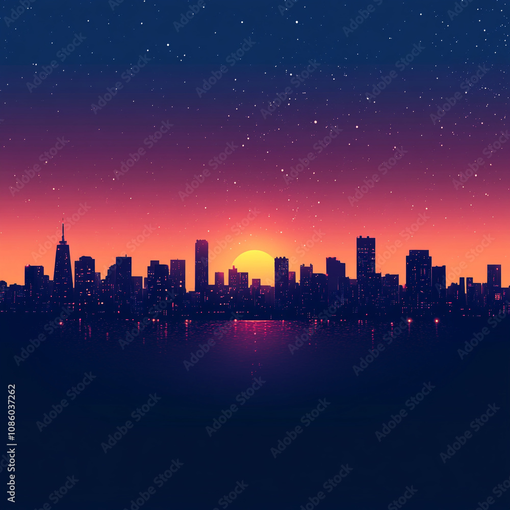 Fototapeta premium Cityscape Silhouette at Sunset Under a Starry Sky