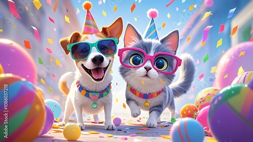 Happy dog and cat celebrating birthday with confetti and balloons.