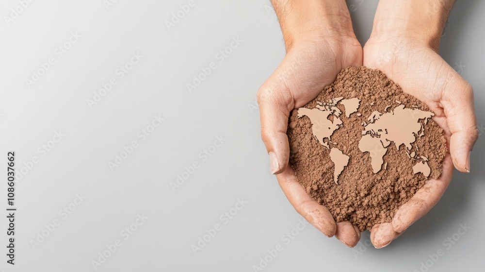 A pair of hands holds soil, shaped like the world map, symbolizing care for the planet and the connection between humanity and nature.