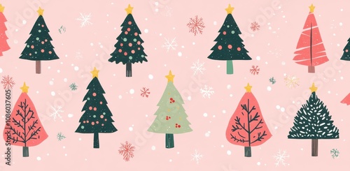 Festive illustration of various Christmas trees on a pink background with whimsical patterns