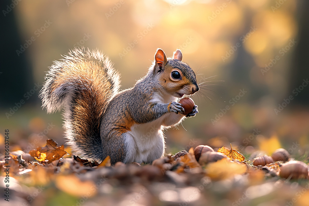 Obraz premium Playful squirrel collecting acorns