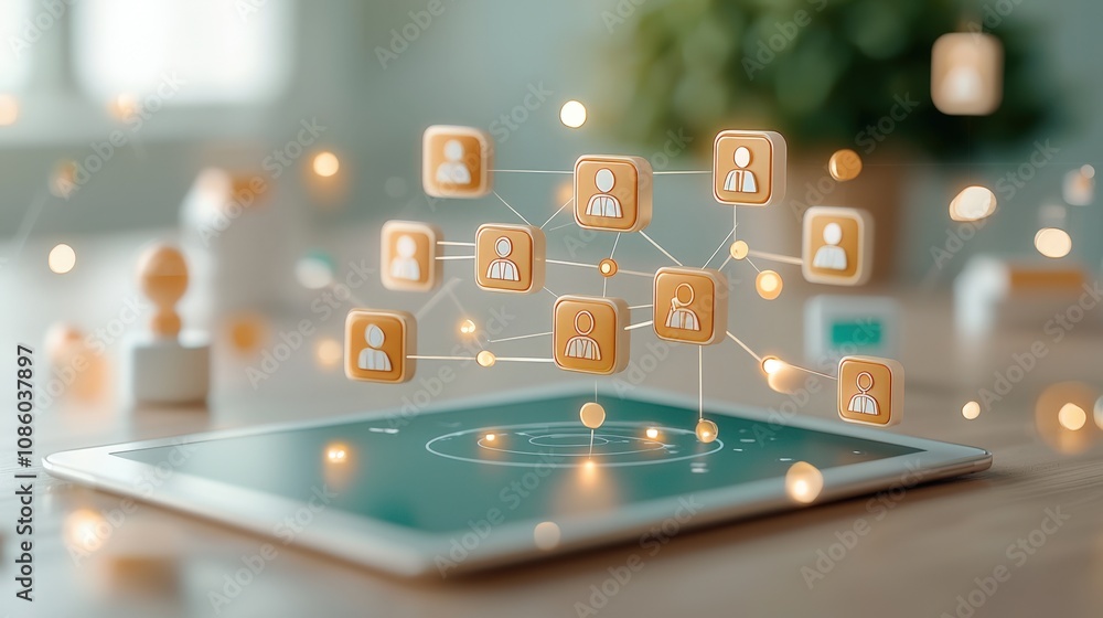 A digital tablet displaying connected icons, representing a network of information, technology, and user interaction in a modern workspace. A digital tablet displaying connected icons, representing a network of information, technology, and user interaction in a modern workspace.
