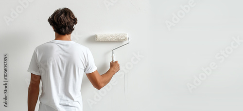 A man stands with his back against a white wall and paints the wall with a roller