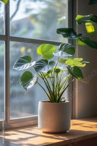 Rhaphidophora tetrasperma plant growing in a white pot on a windowsill photo