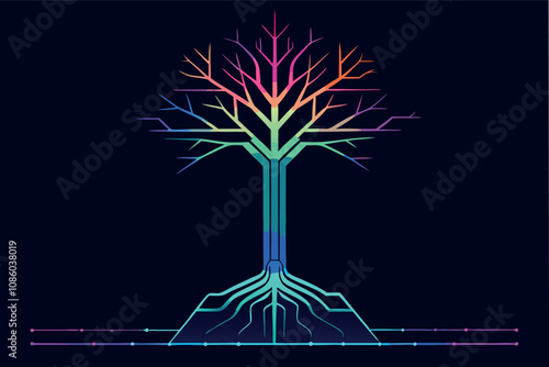 Technology tree with roots. Cloud computing concept. Circuit board with lighting neon effects