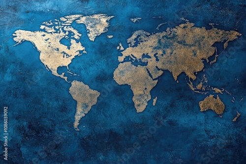 Golden world map showing continents on blue background