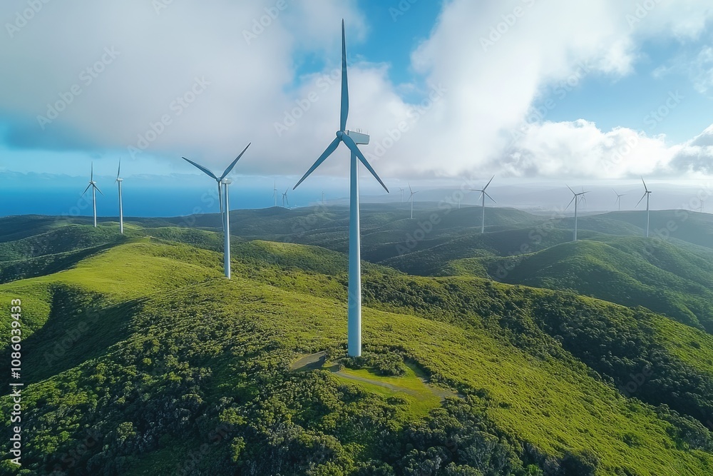 Wind turbines generating clean energy on green hills near the ocean Wind turbines generating clean energy on green hills near the ocean