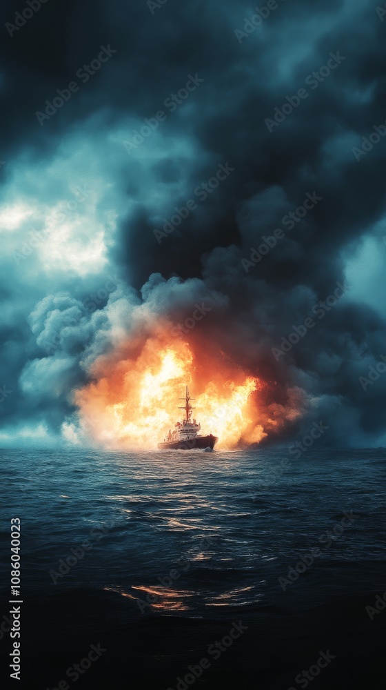 Fire engulfs fishing boat in turbulent waters during a dramatic sunset Fire engulfs fishing boat in turbulent waters during a dramatic sunset