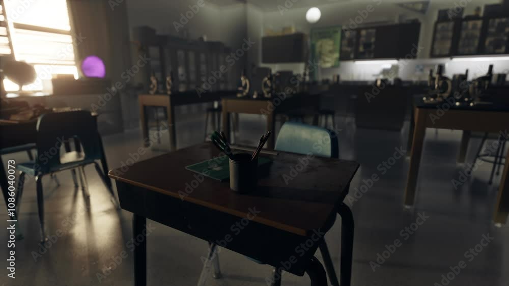 A classroom laboratory with tables and chairs for scientific experiments A classroom laboratory with tables and chairs for scientific experiments