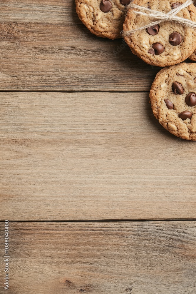 Delicious chocolate chip cookies stacked neatly and tied with twine on a rustic wooden surface Delicious chocolate chip cookies stacked neatly and tied with twine on a rustic wooden surface