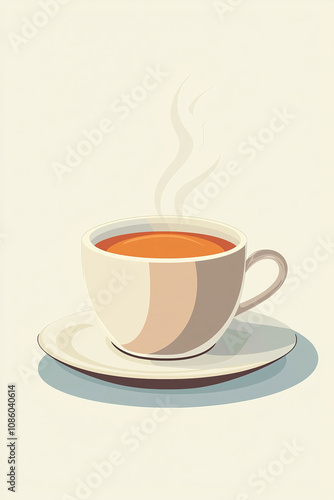 Steaming cup of hot beverage on saucer with steam