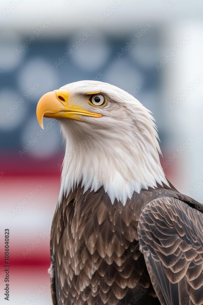 A majestic eagle stands proudly against a backdrop of the American flag in a serene setting A majestic eagle stands proudly against a backdrop of the American flag in a serene setting