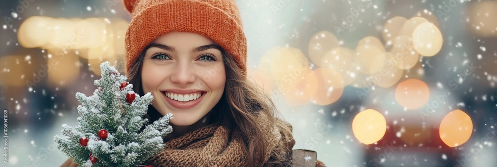 A young woman smiles while holding a small decorated Christmas tree in a city during winter A young woman smiles while holding a small decorated Christmas tree in a city during winter