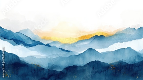 Abstract watercolor background vector. Luxury wallpaper with paint brush and gold line art. Mountains, sea, sun, blue watercolor illustration for prints, wall art, cover and invitation cards. photo