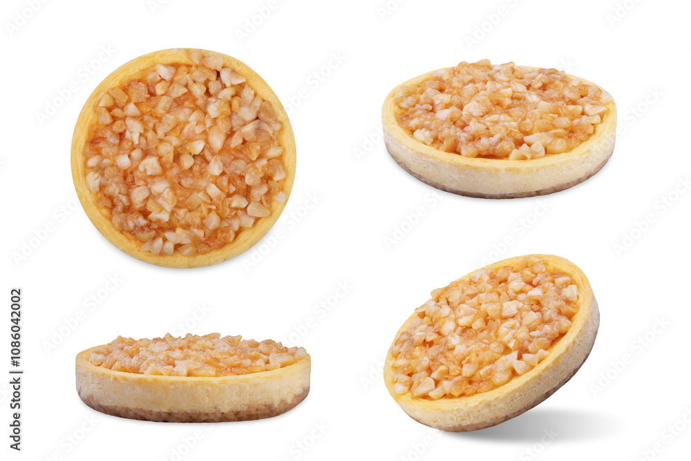 Cheesecake with caramelized cinnamon apple slices on a white isolated background Cheesecake with caramelized cinnamon apple slices on a white isolated background