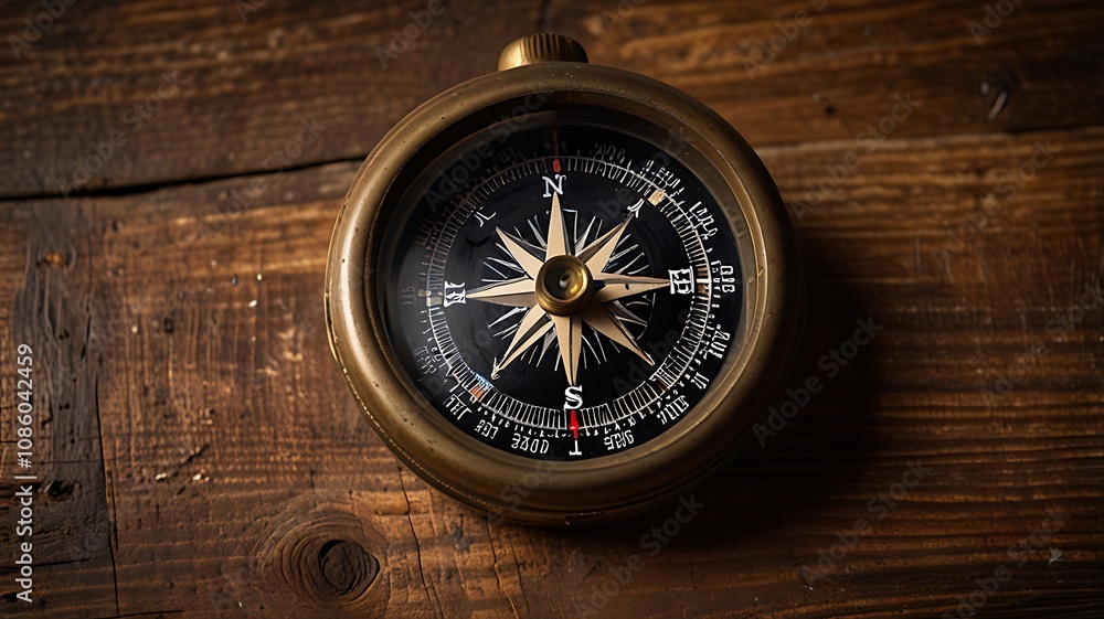 old-fashioned compass on rustic wooden table old-fashioned compass on rustic wooden table