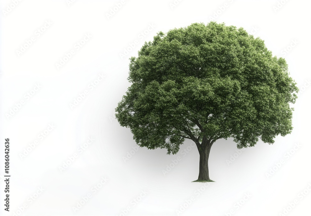 A large green tree stands alone on grassy ground against a light background in a tranquil setting A large green tree stands alone on grassy ground against a light background in a tranquil setting