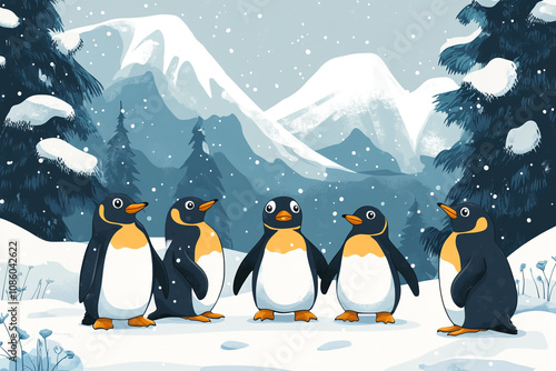 Five Penguins Gather in Snowy Mountain Winter Landscape