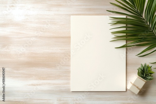 Blank paper on a wooden table next to a small potted plant and green leaves during daylight