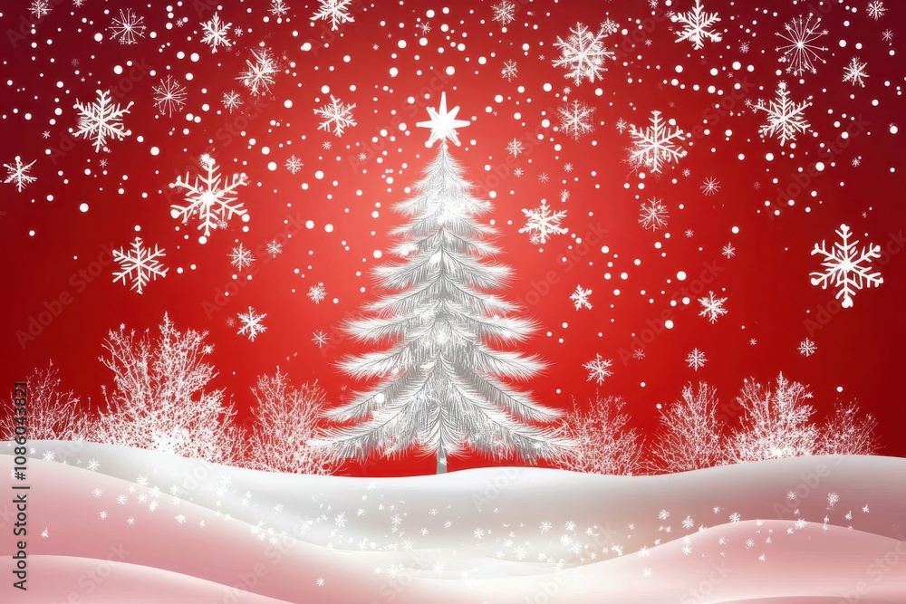 Red Christmas background with snowflakes and trees