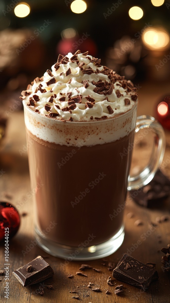 A glass mug of rich hot chocolate topped with whipped cream and chocolate shavings, surrounded by festive holiday ornaments and lights.
A glass mug of rich hot chocolate topped with whipped cream and chocolate shavings, surrounded by festive holiday ornaments and lights.
