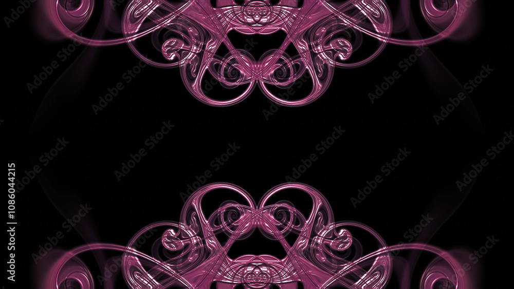 Unique abstract symmetrical patterns of glowing neon liquid lines, shapes and swirls on a dark background, copy space in the center. Pink color