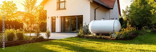 Propane Tank in a Lush Backyard: A Residential Property with a Green Lawn and Flowers