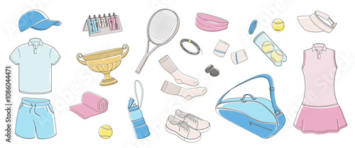 tennis equipment set, workout clothes for man and women, racket, ball, shoes, bag, tennis strings, vibration dampener, towel, wristbands, thermal bottle