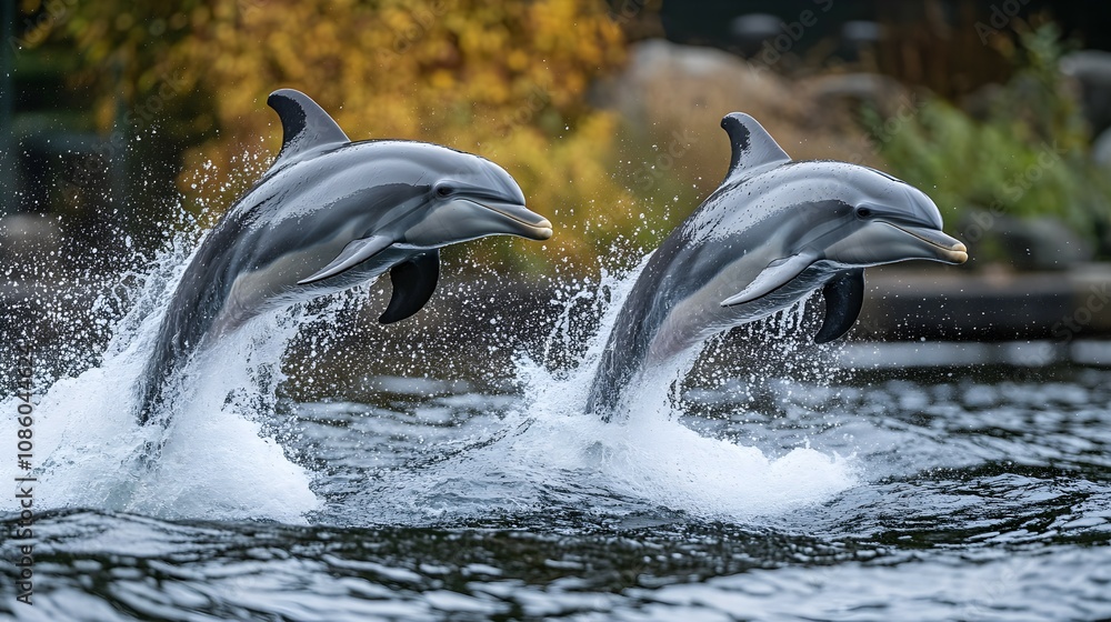 Obraz premium Two dolphins jumping out of the water together
