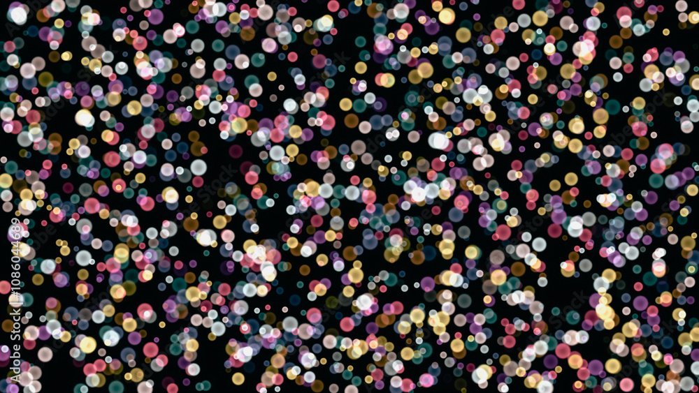 Festive round bokeh of lights on a black background. Pink, turquoise, yellow confetti, defocused lights. Multicolored bokeh on a black background. Blurred focus Festive round bokeh of lights on a black background. Pink, turquoise, yellow confetti, defocused lights. Multicolored bokeh on a black background. Blurred focus