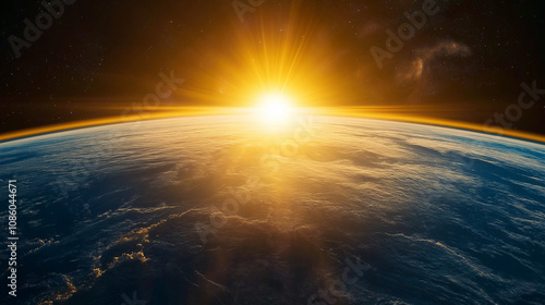 Sunrise from Space. Earth’s Horizon Illuminated by Golden Sunlight Against the Deep Cosmos, Featuring a Symmetrical Composition 