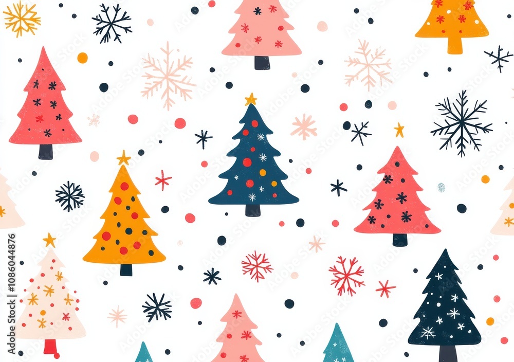 Seamless pattern of colorful Christmas trees with snowflakes and abstract winter elements Seamless pattern of colorful Christmas trees with snowflakes and abstract winter elements