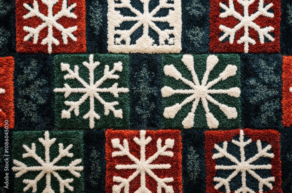 Festive textile with snowflake pattern in red, green, and white tones for Christmas decorations, celebrating holiday spirit and winter charm