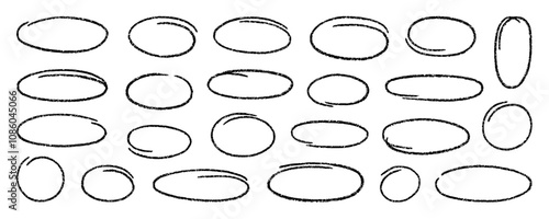 Crayon circle highlight, freehand ovals doodle. Chalk pencil ellipse frames, round shapes in sketch style. Hand drawn vector illustration isolated on white background