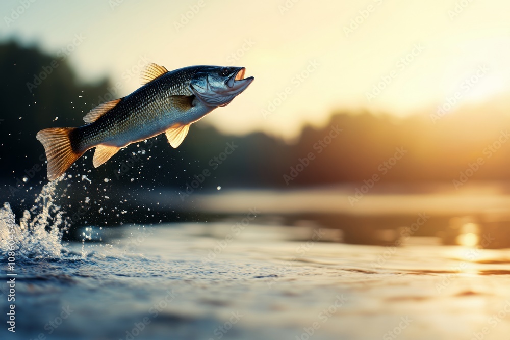 Fototapeta premium A fish leaps out of the water during sunset in a serene river setting