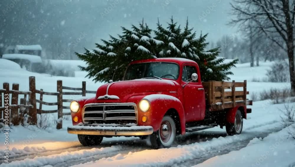 A red pickup truck carrying a Christmas tree on a snowy landscape background. The concept of celebrating Christmas. Motion animation A red pickup truck carrying a Christmas tree on a snowy landscape background. The concept of celebrating Christmas. Motion animation