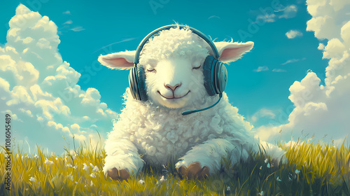 Bliss: happy sheep's serenade with headphones. Reverie. Illustration