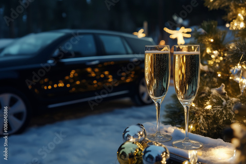 Celebratory champagne glasses in winter wonderland with luxury car background