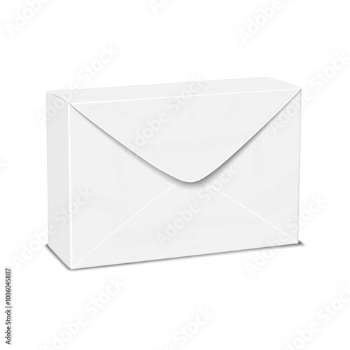 Cardboard envelope shaped box. 3d mockup. Blank white folding rectangle paper container. Realistic vector mock-up. Gift carton packaging. Template for design