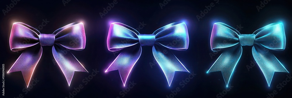 Set of three minimalist Christmas bows with neon aqua to neon lavender gradient glows, softly illuminated on a dark background Set of three minimalist Christmas bows with neon aqua to neon lavender gradient glows, softly illuminated on a dark background