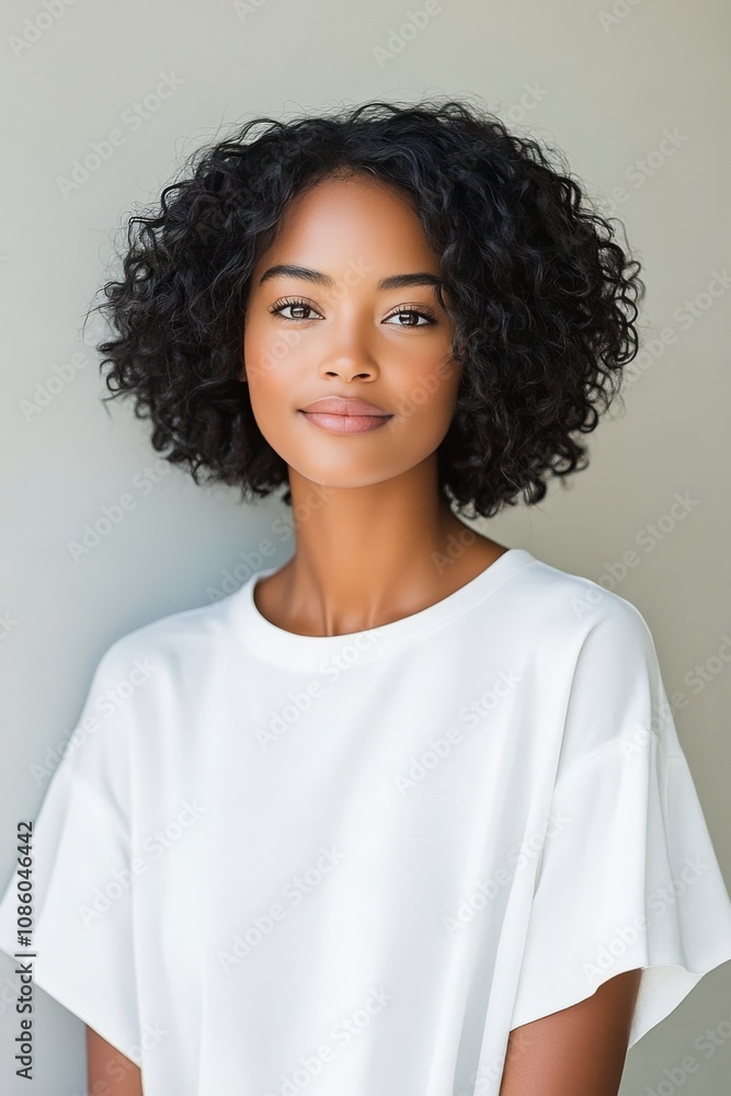 Young woman with short curly hair wearing a white shirt poses against a neutral background Young woman with short curly hair wearing a white shirt poses against a neutral background