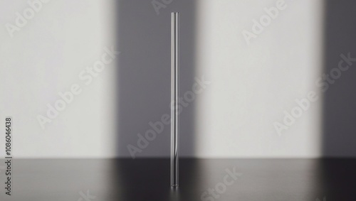 A solitary, transparent, eco-friendly glass straw standing upright against a bright, vibrant black background