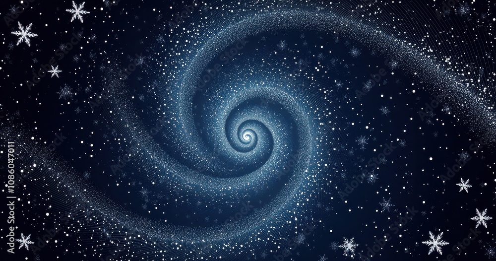 Beautiful graphic of white spiral lines and snowflakes on a dark blue background creating a swirling winter wonderland Beautiful graphic of white spiral lines and snowflakes on a dark blue background creating a swirling winter wonderland