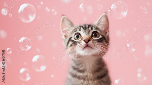 Adorable striped kitten gazing upward amidst a flurry of floating bubbles, showcasing curiosity and playfulness against a soft pink background