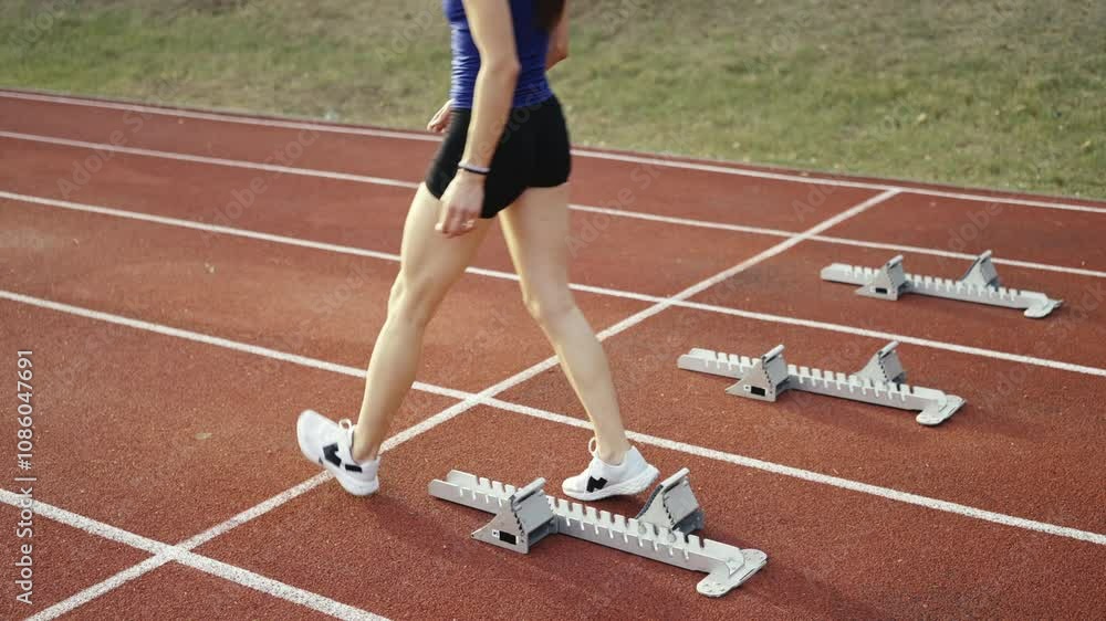 Female Runner on Athletics sprint race starting blocks on a dark background