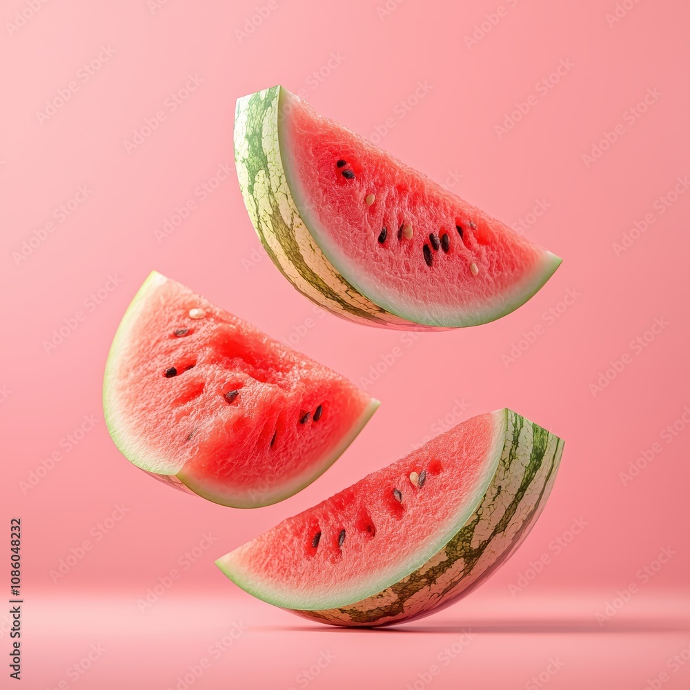 Fresh Watermelon Slices Floating in Air Against a Soft Pink Background, Symbolizing Summer and Refreshment for Food and Drink Promotions Fresh Watermelon Slices Floating in Air Against a Soft Pink Background, Symbolizing Summer and Refreshment for Food and Drink Promotions